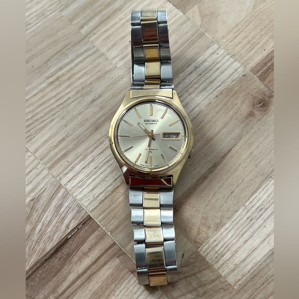 Seiko Automatic 17 Jewels Rare Vintage Men's Watch Gold-Dial Two-Tone Bracelet - Picture 7 of 14